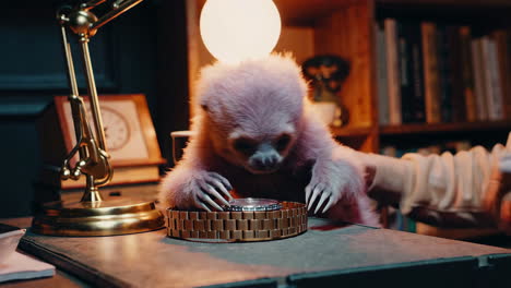 baby sloth examining a watch