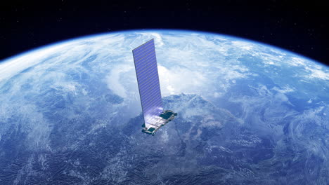 Satélite-De-Internet-Orbitando-En-El-Espacio,-En-El-Fondo-El-Planeta-Tierra-Azul