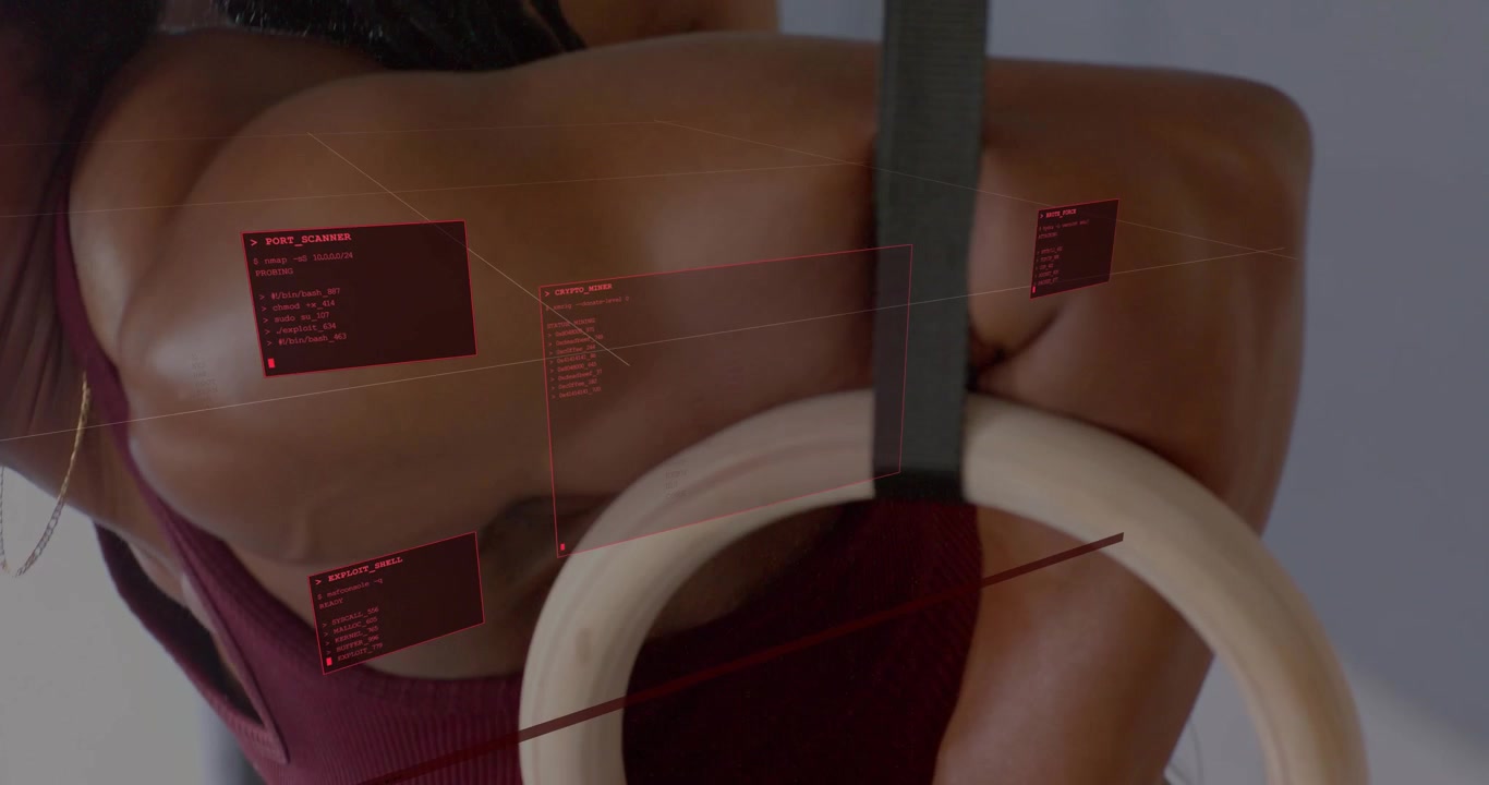 Woman gripping rings initiating descent, performing ring dips for fitness, HUD overlaying rings