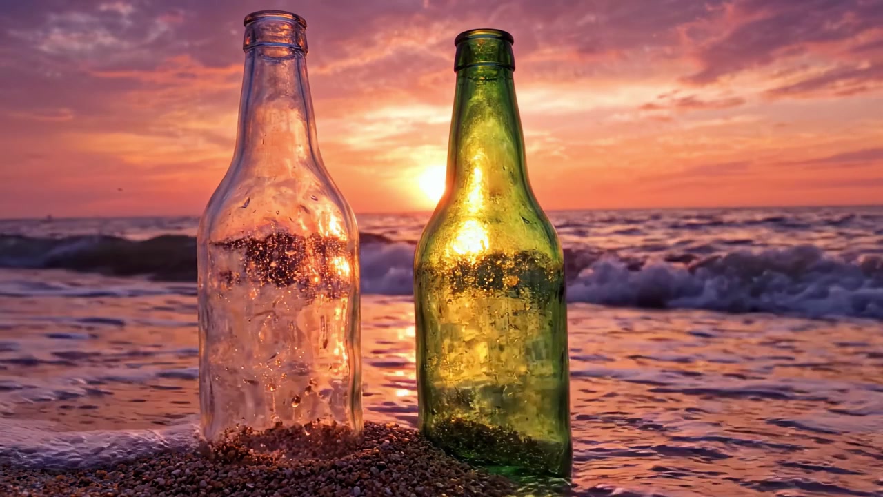 Flessen Rustend op een Strand bij Zonsondergang: Een Betoverend Uitzicht op Glasreflecties Tegen de Gouden Horizon met Golven Die Zachtjes Tegen de Kustlijn Kabbelen