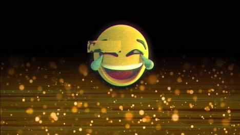 animation of glitched laughing emoji over lens flares against black background