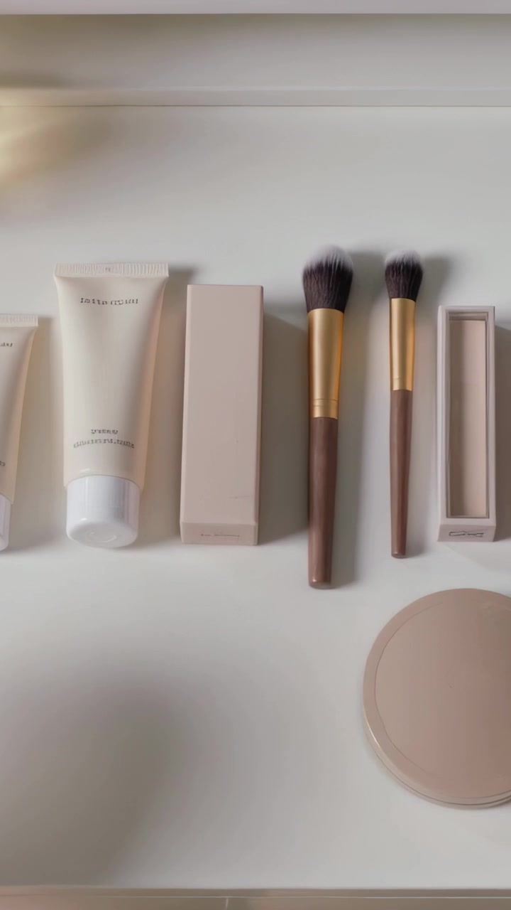 Vertical video: Arranging hands on drawer open cream-sleeves aligning tubes brushes for flatlay