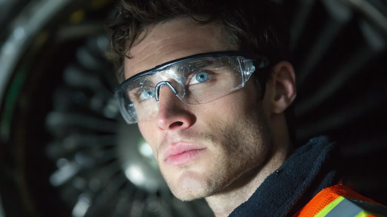 Focused professional wearing safety goggles stands confidently next to a large jet engine, showcasing dedication to aviation and engineering fields under controlled lighting