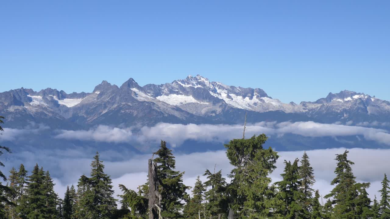 Paesaggio pittoresco di catena montuosa e foresta di pini di giorno in Columbia Britannica, Canada
