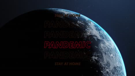 red stripes against stay at home and pandemic text over globe on blue background