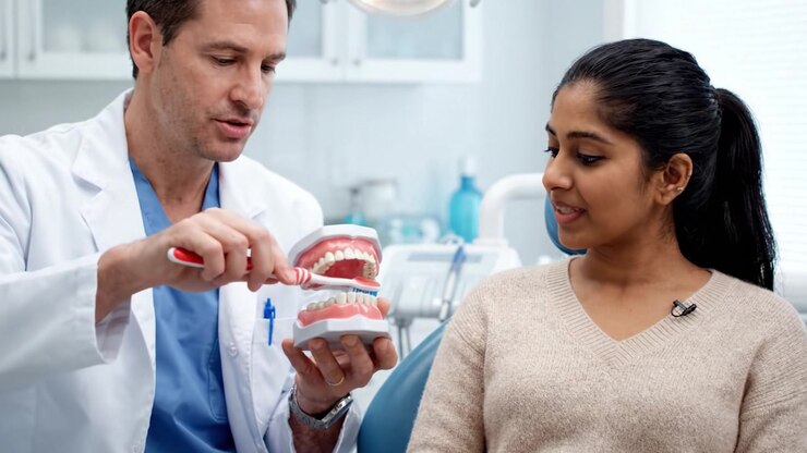 A Dentist Explaining Oral Hygiene with a Model of Teeth to His Patient in a Modern Dental Office Environment, Highlighting ImportantCare Practices