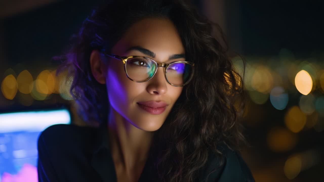 A contemplative moment captured in a stylish city setting at night, featuring a woman with captivating curls and eyeglasses, illuminated by soft lights and the glow of a computer screen reflecting her thoughtful expression