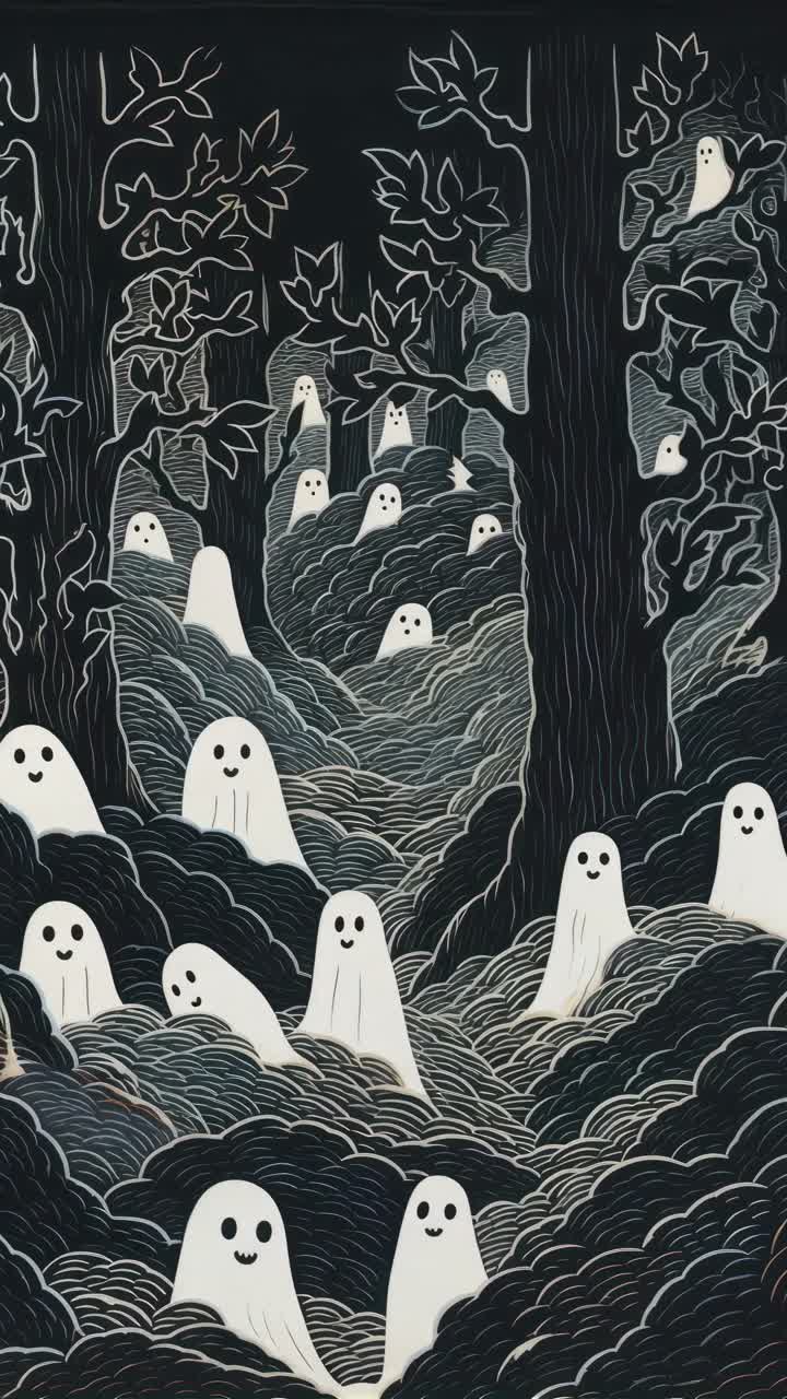 Whimsical video concept with cute ghosts in a dark forest