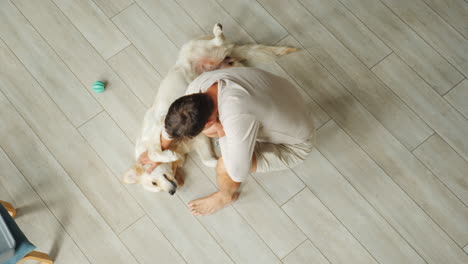 hombre y perro jugando en el suelo