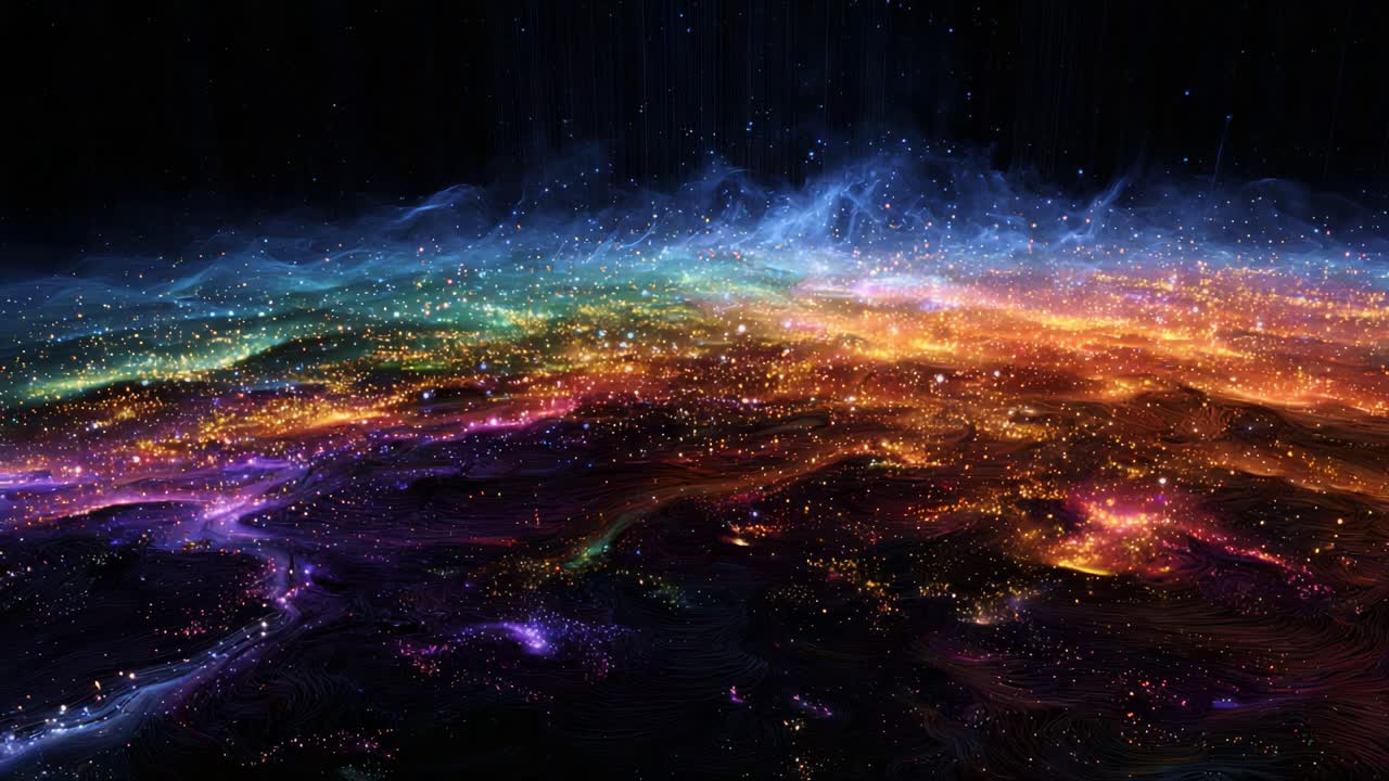 A breathtaking cosmic panorama showcasing a vibrant and colorful celestial landscape filled with twinkling stars and flowing nebulae, creating an otherworldly atmosphere of wonder
