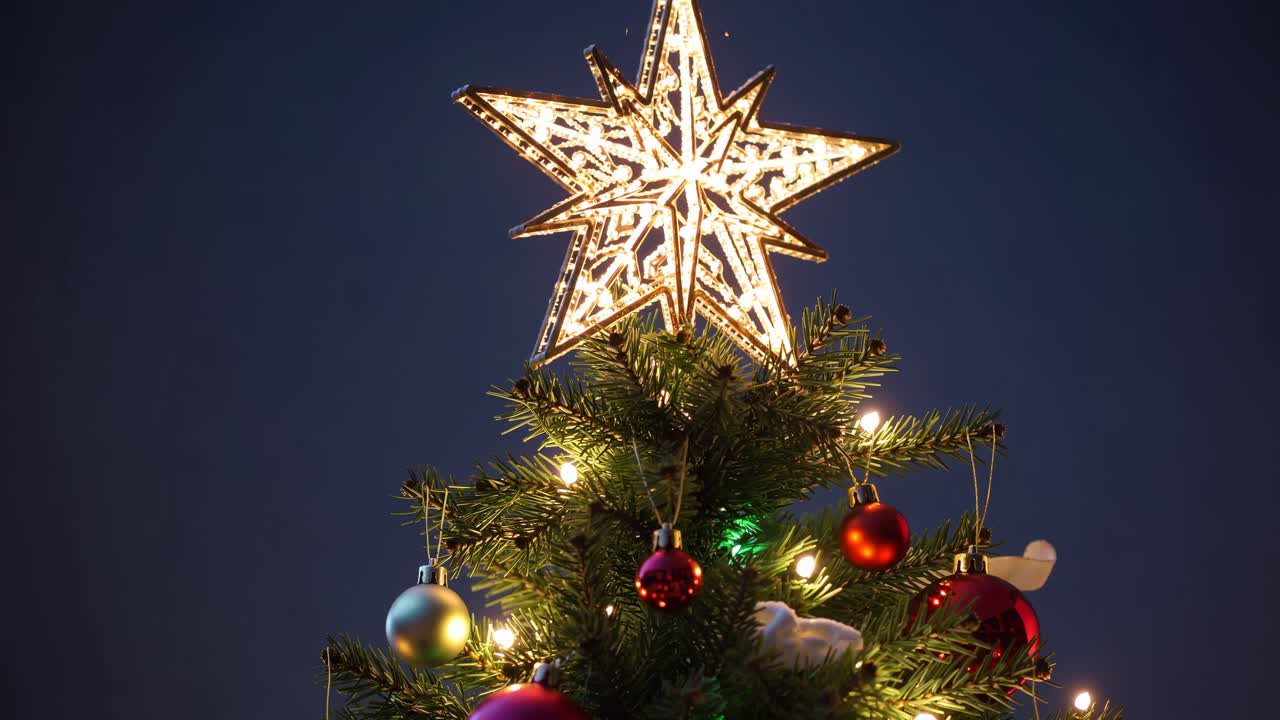 A festive Christmas tree top with a glowing star, shot from a low angle