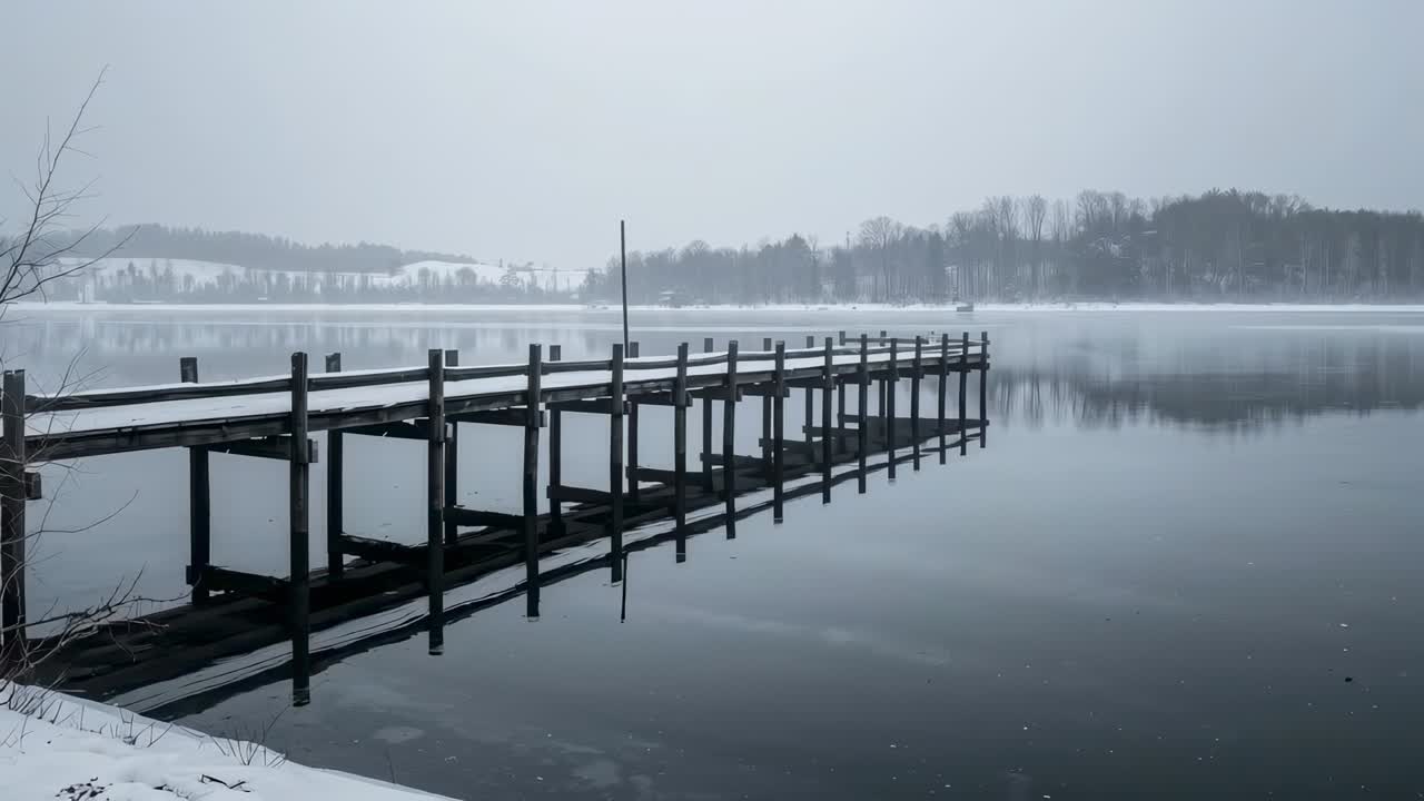 Ripresa con videocamera che cattura un molo di legno che scivola dopo uno spostamento laterale sulla riva del lago per mostrare una scena tranquilla