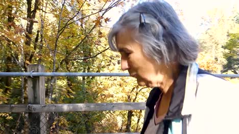 cerca de dama caminando sobre un puente peatonal en otoño en canadá