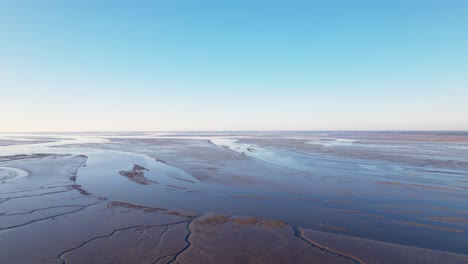 endless wetlands with small river branches on sunny day, aerial fly back shot