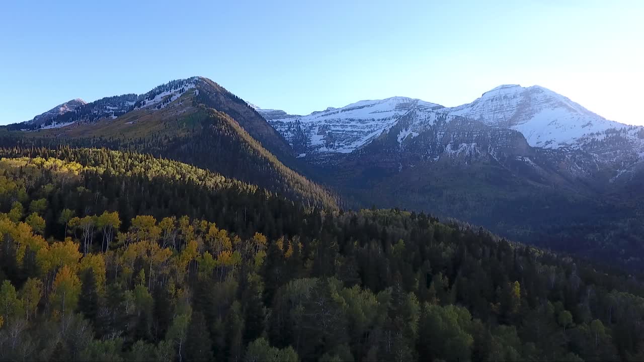 Colori autunnali, pioppi tremuli dorati, montagne aspre e innevate e nuvole bianche e soffici fanno parte del paesaggio autunnale nell'American Fork Canyon, ripreso con un drone