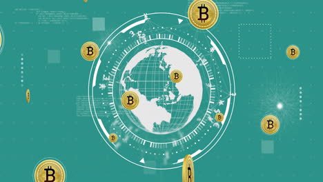 Animación-De-Símbolos-Bitcoin-Y-Globo-Terráqueo-Sobre-Fondo-Verde