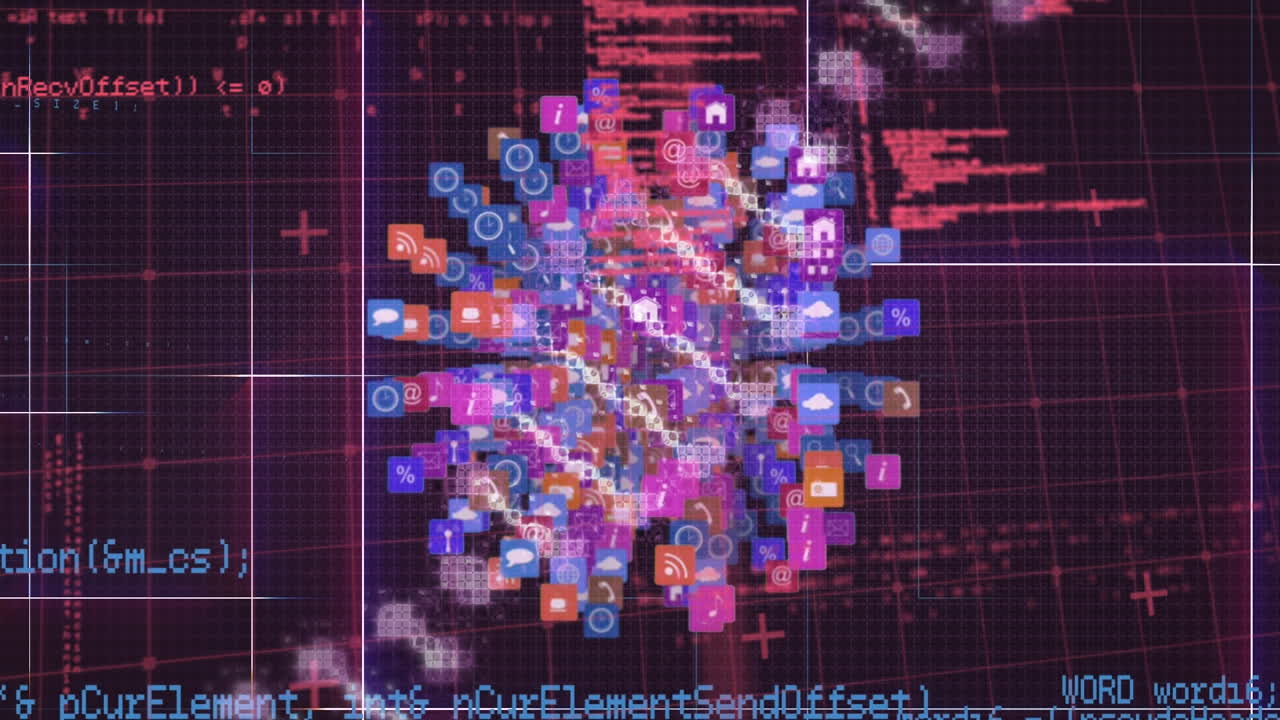 Animation of data processing over globe of digital icons and dna structure on pink background