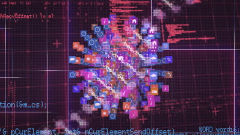animation of data processing over globe of digital icons and dna structure on pink background