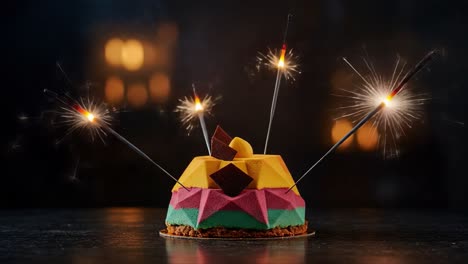 a vibrantly decorated cake surrounded by colorful sparklers, creating an enchanting atmosphere for celebratory moments and sweet indulgences