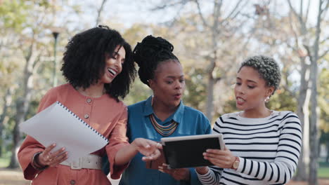 documents, tablet and business women walking