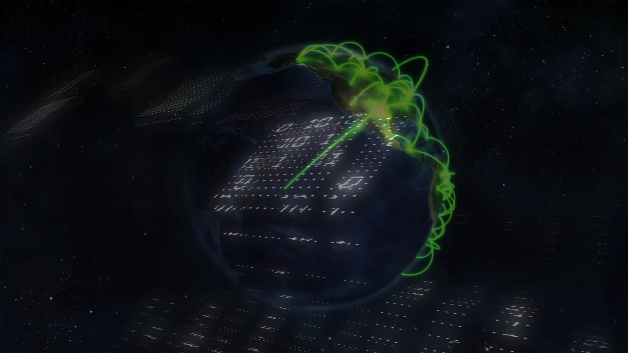 Globo 3D traslucido che svanisce gradualmente ruotando, archi che si lanciano su una griglia emergente, a rappresentare una rete
