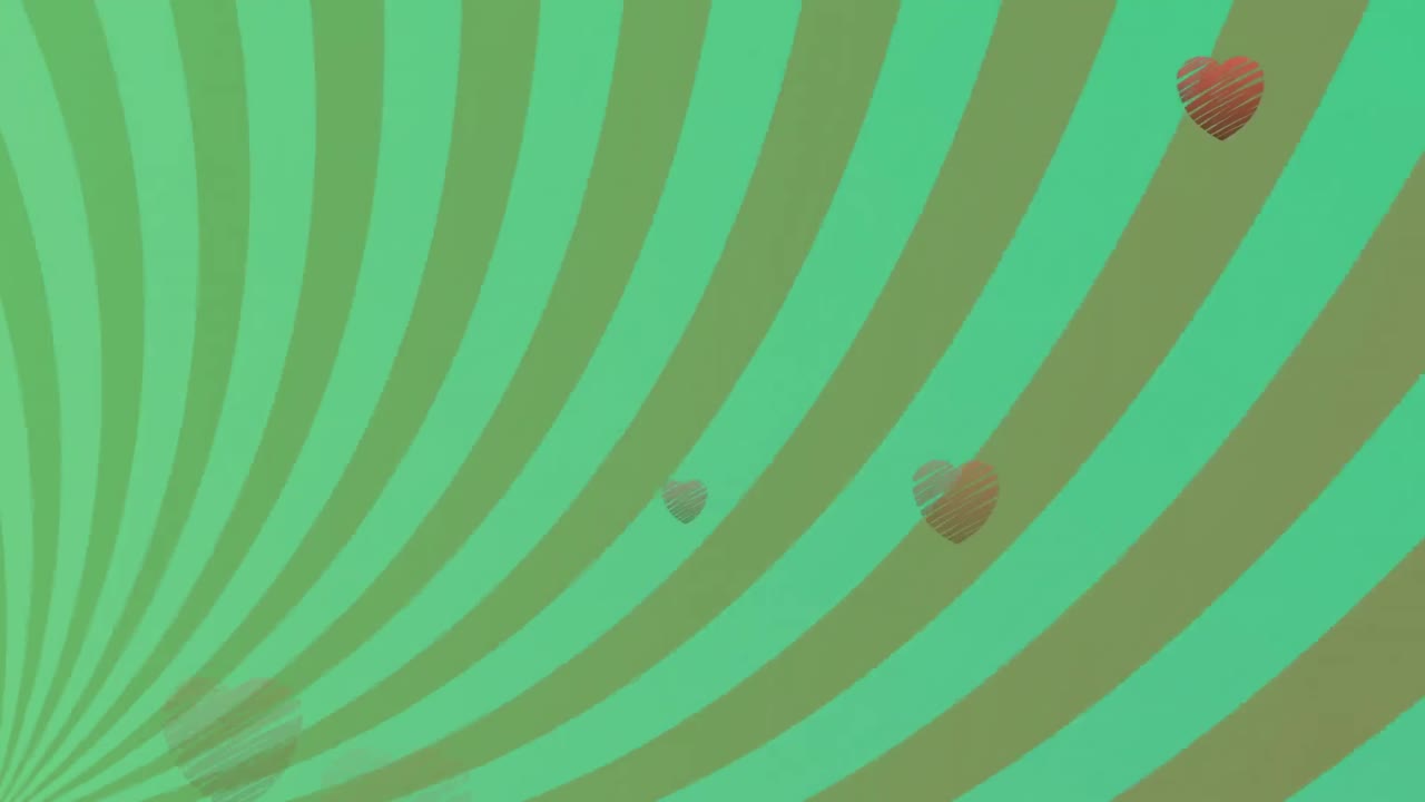 회전하는 초록색 배경 위에 떠다니는 심장의 애니메이션