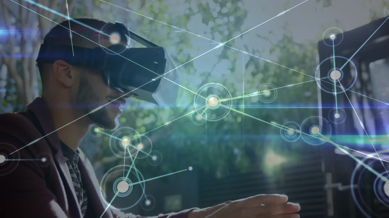 Animation of network of connections over businessman using vr headset