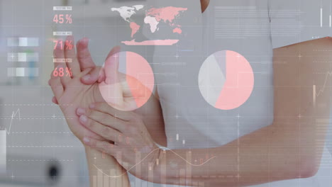 animation of financial data processing over caucasian female physiotherapist with male patient