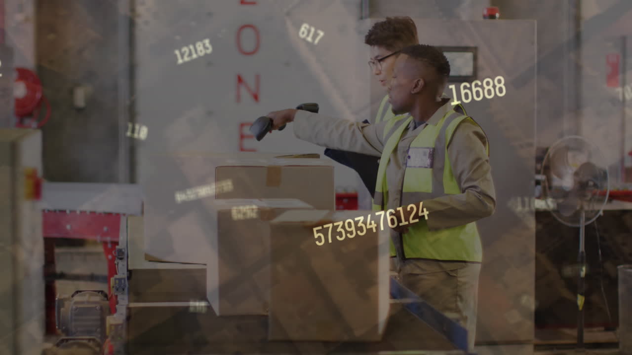 animación de números y procesamiento de datos sobre diversas personas que trabajan en el almacén