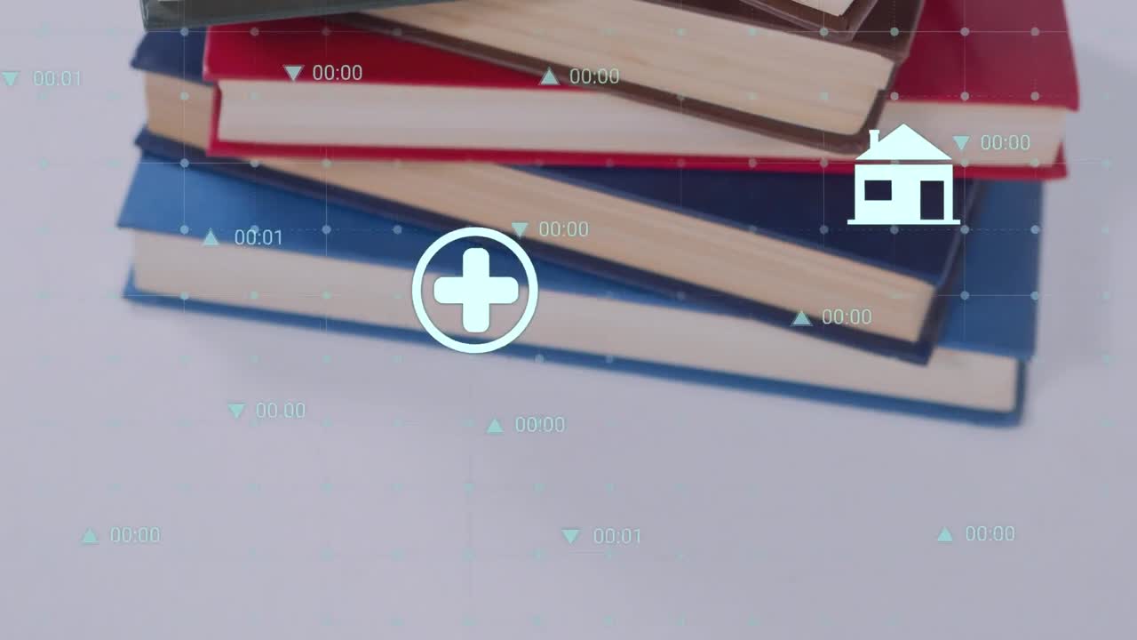 다중 기호의 애니메이션, 변하는 숫자, 연결된 점들이 테이블 위의 책 위에 그리드를 형성합니다.