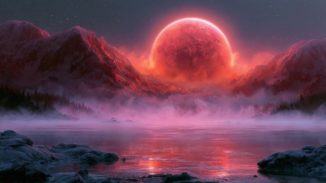 Uma cena crepuscular deslumbrante apresentando uma lua vermelha vívida nascendo sobre montanhas enevoadas e um lago tranquilo, capturando o esplendor da beleza da natureza em uma atmosfera onírica