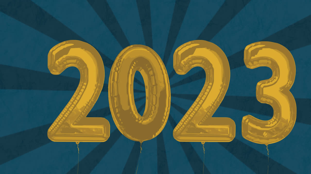 animación de globos 2023 volando sobre un fondo azul oscuro