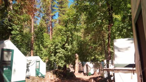 rising shot over a wooden beam to reveal scattered tents in a forest