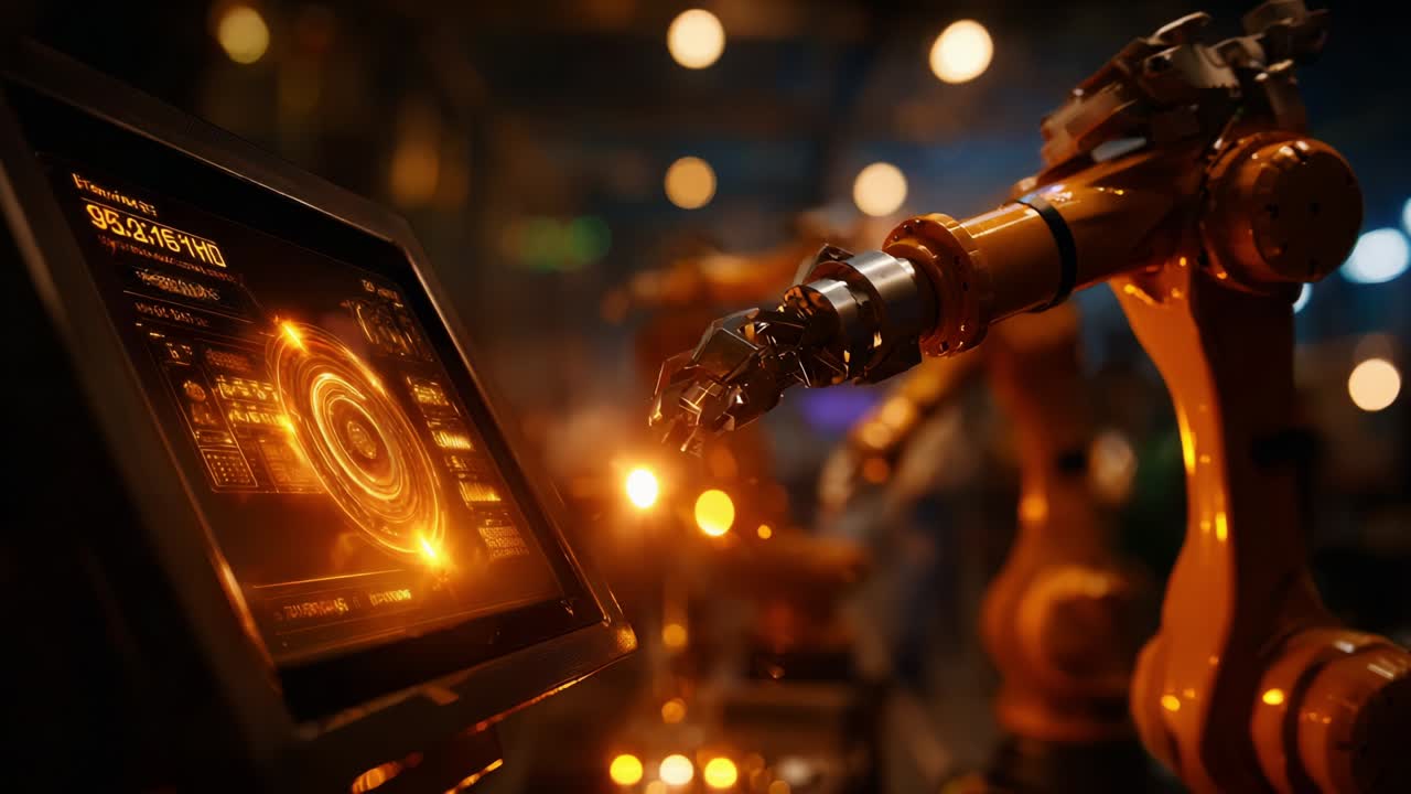 A Cutting-Edge Robotic Arm Engaged with an Interactive Display, Showcasing Advanced Technology in Automation and Control, Highlighting Progress in Robotics and Precision Engineering in a Futuristic Environment