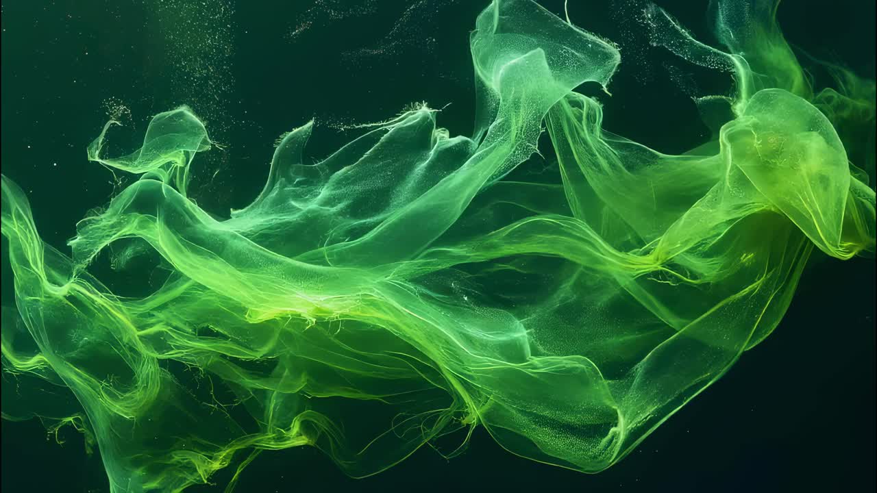 Green smoke is creating abstract shapes on a dark background, forming a visually appealing and dynamic composition that evokes a sense of movement and fluidity