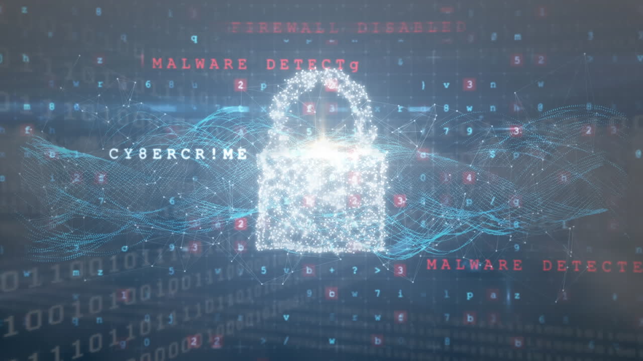 Animation of data processing with online security padlock and shield over hand on dark background