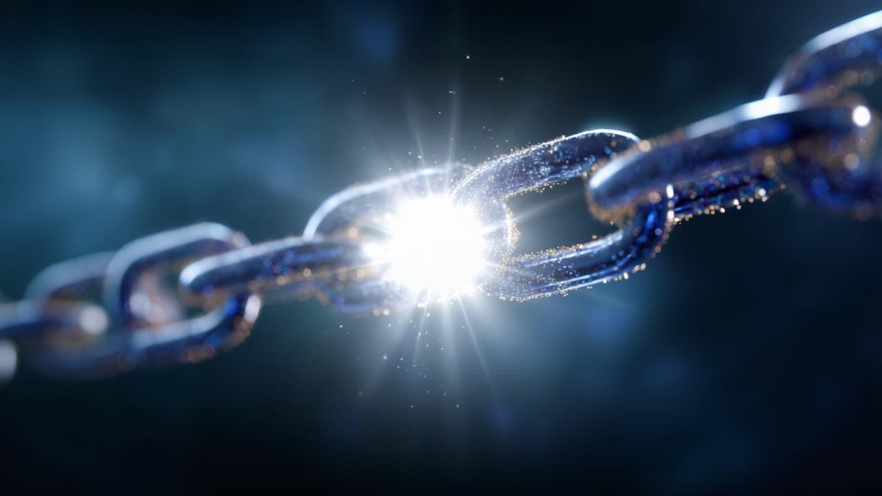 An Ethereal Chain Glow: Capturing the Radiant Energy of Interconnected Links in a Stunning Visual Display of Light and Sparkle from a Dynamic Perspective