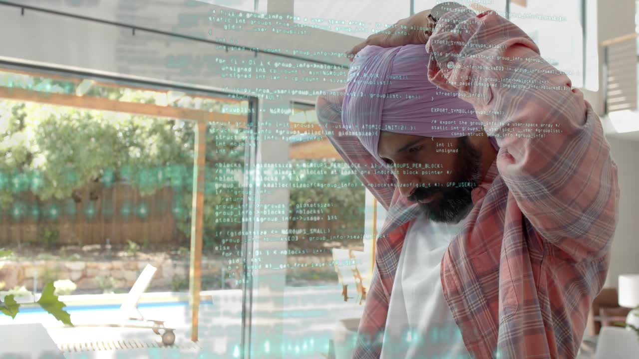 Man raising hands and adjusting lilac turban, tech overlay appearing on glass door, securing fit