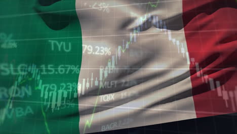 animation of financial data processing over flag of italy