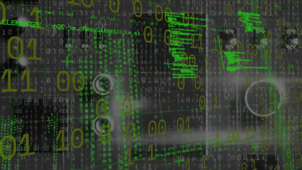 Digital Binary Code and Data Flowing Over a Circuit Board