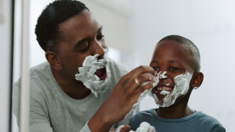 shaving, cream and father with child in bathroom