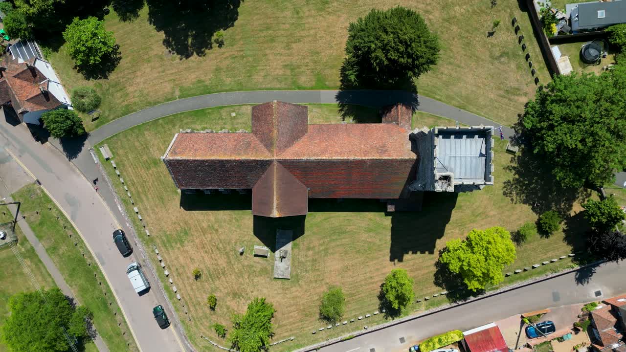 A top-down pan of St Mary's Church in Chartham, showing its cross shape