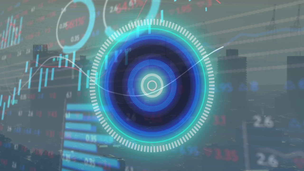 animación del procesamiento de datos financieros sobre el escaneo de alcance y el paisaje urbano