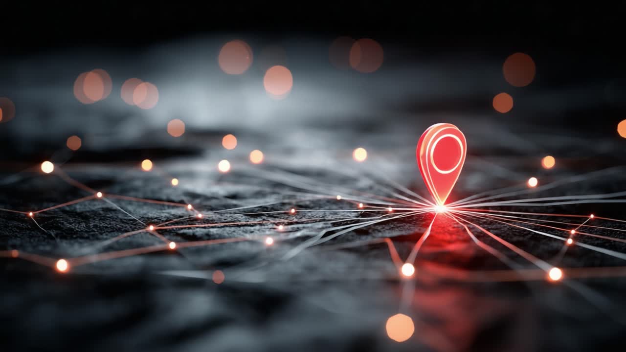 A Vibrant Red Location Marker on a Dark Networked Background Symbolizing Connectivity and Direction in the Digital Age