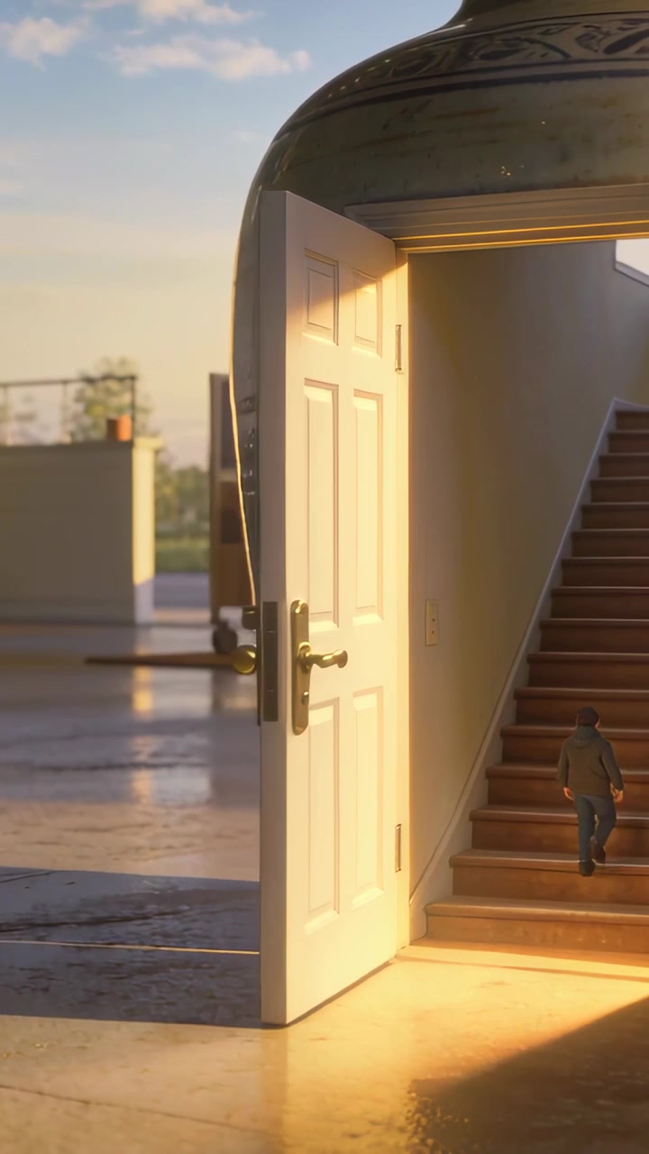 Vertical video: Sunlight guiding child climbing stairs through white door on rooftop, ceramic jar