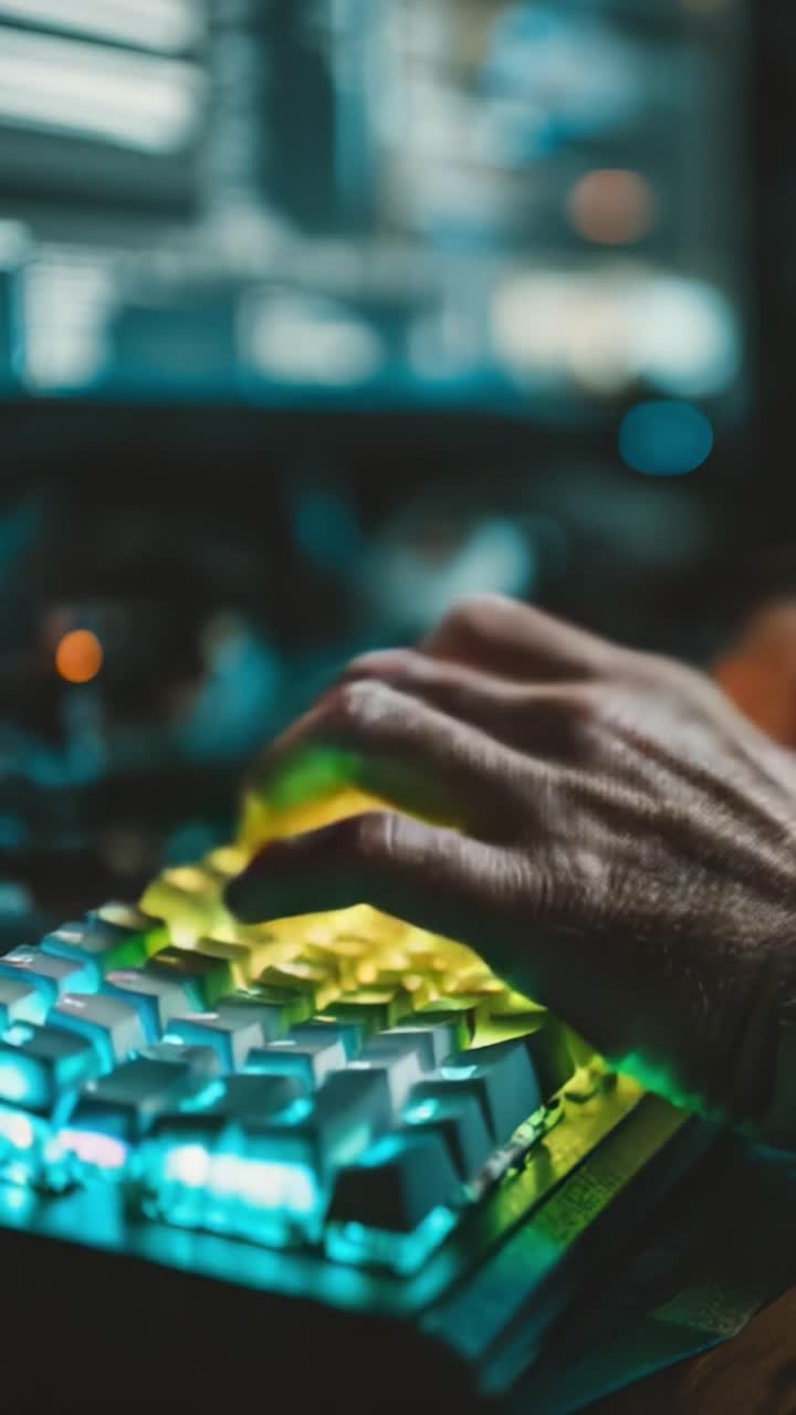 Nærbillede af hænder, der skriver på et farverigt, mekanisk tastatur, som oplyser det digitale arbejdsområde med levende LED-lys og højteknologiske omgivelser