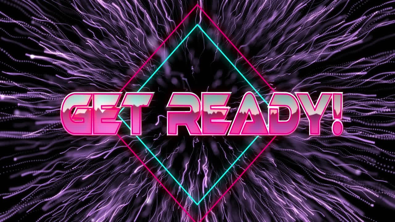 Animation des Textes „Get Ready“ auf Rauten und explodierenden Punkten über schwarzem Hintergrund.