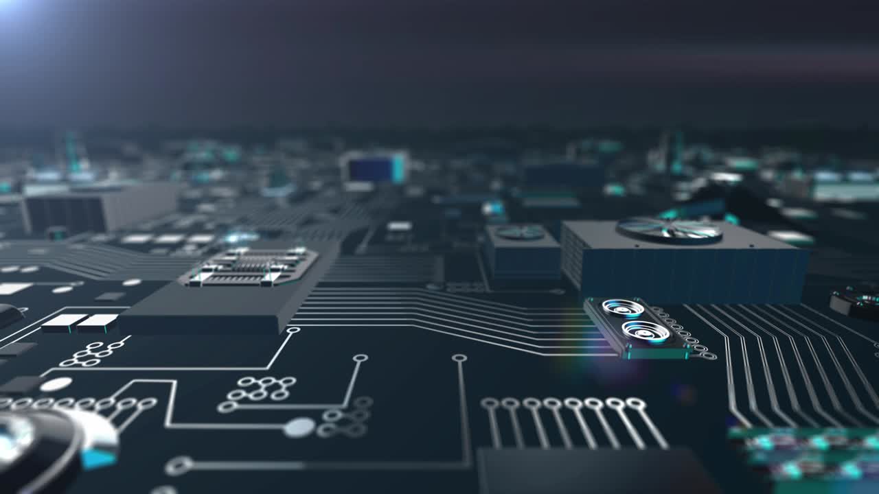 Bluish Metallic Futuristic Circuit Board moving towards camera