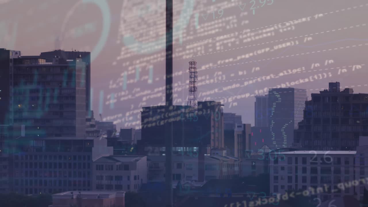 Animation of statistical data processing over aerial view of cityscape