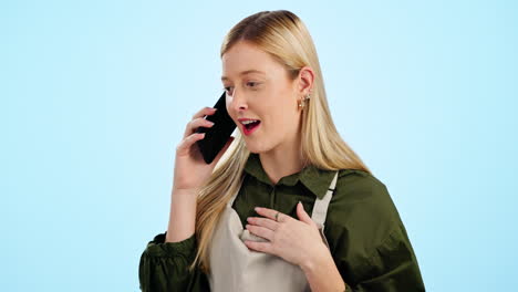 waitress, woman and phone call at cafe